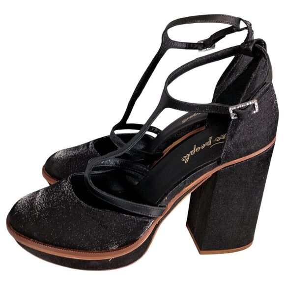 Free People Sandals 9.5 Womens Black Textile Platform Block Ultra High Buckle - Picture 7 of 10